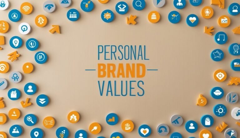 Personal Brand Values" text surrounded by icons on a beige background