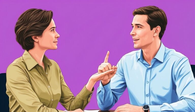 Man and woman in a discussion, man pointing, purple background