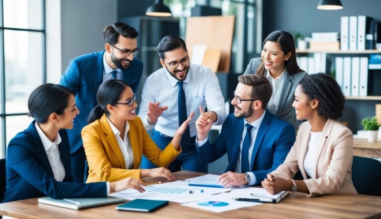 Diverse group of business people collaborating around a table, smiling and gesturing