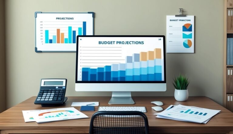 Desk with computer displaying budget projections, charts, and calculator