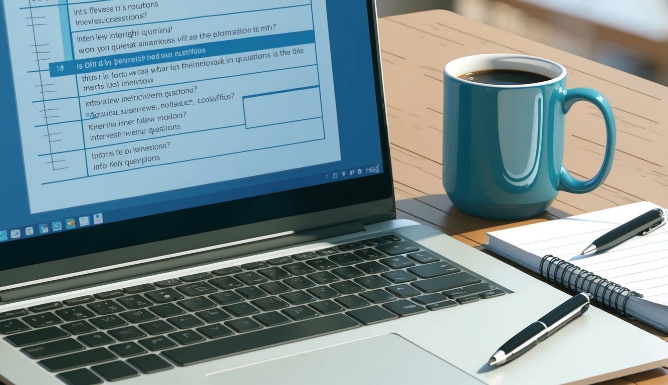 A desk with a laptop, a notepad, and a pen.</p><p>A list of interview questions is visible on the screen.</p><p>A mug of coffee sits beside the laptop