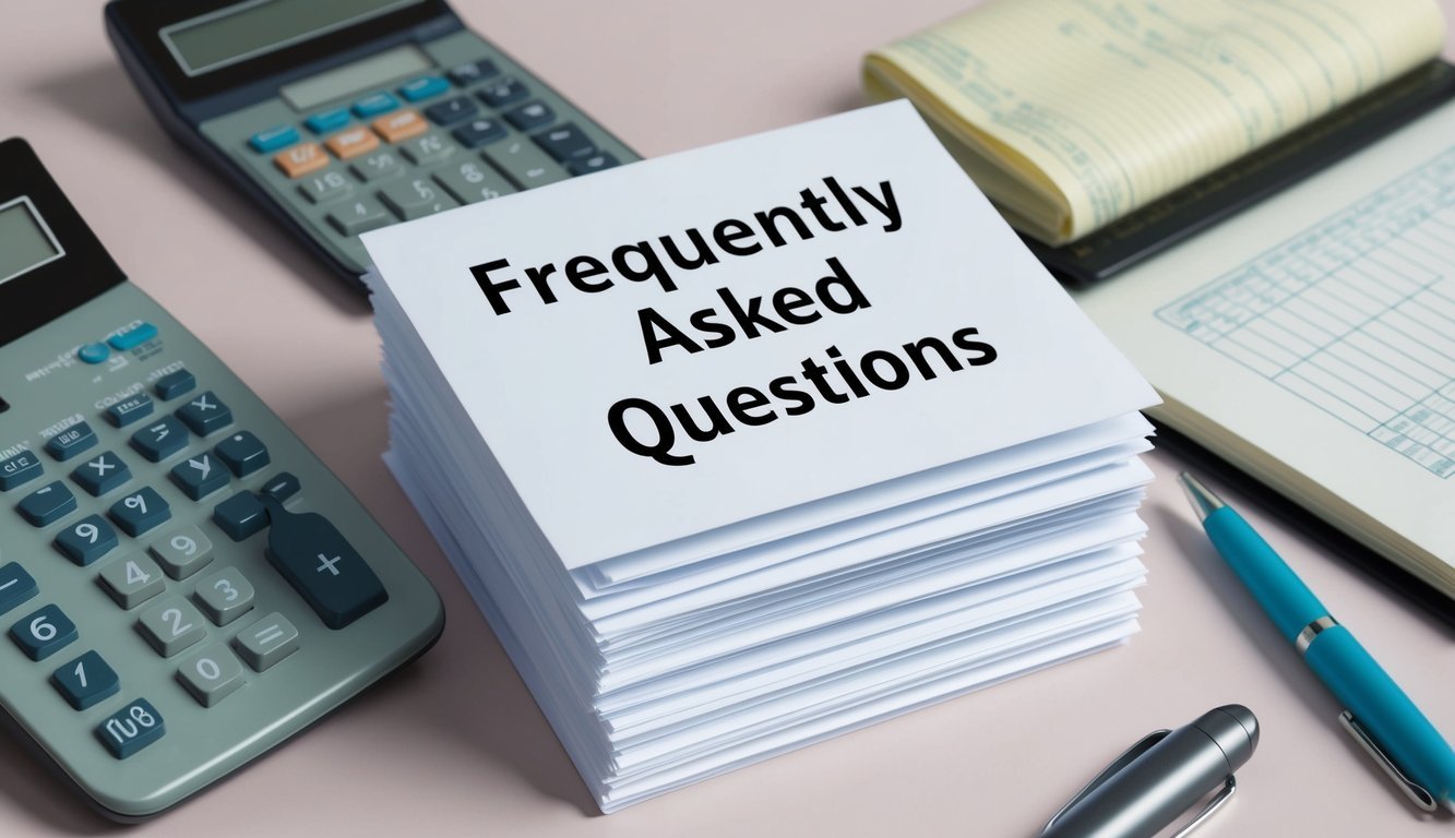 A stack of paper with "Frequently Asked Questions" on top, surrounded by accounting-related items such as a calculator, ledger, and pen