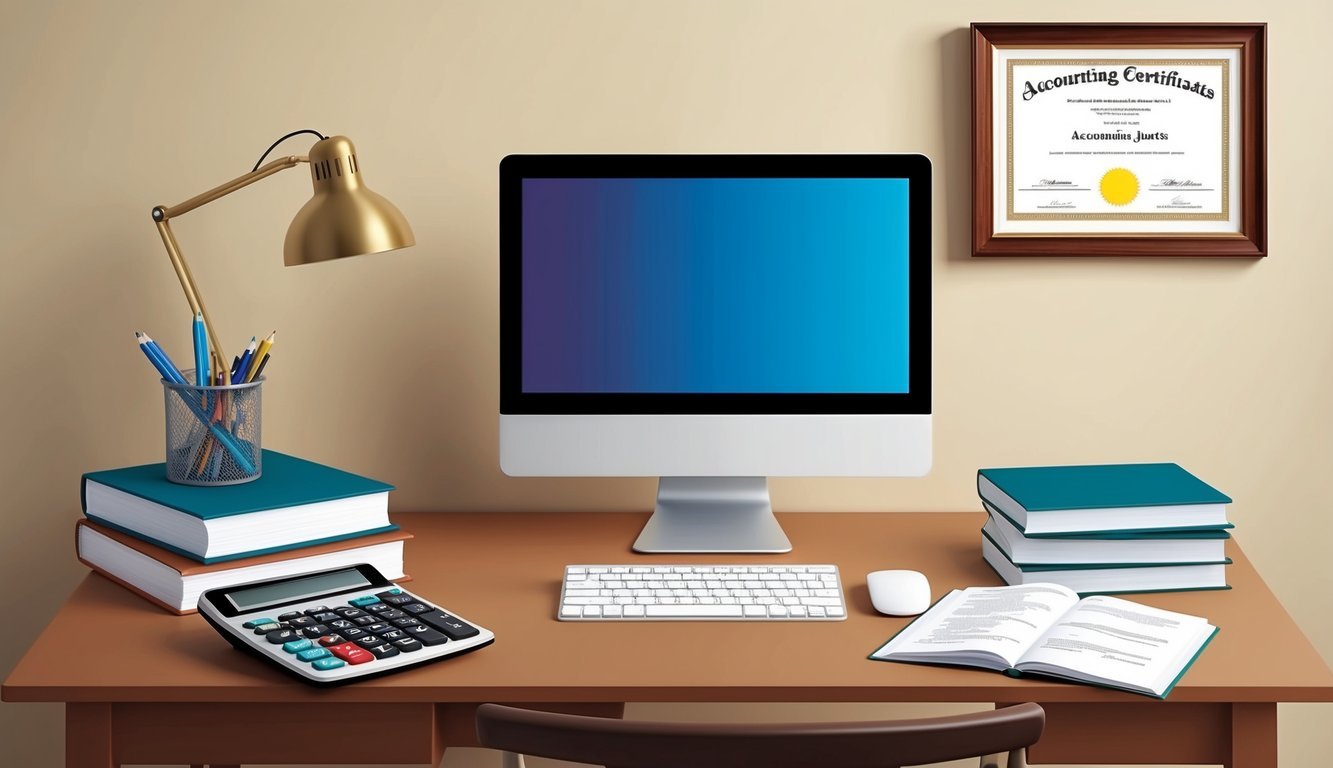 A desk with a computer, calculator, and accounting textbooks.</p><p>A framed certificate on the wall