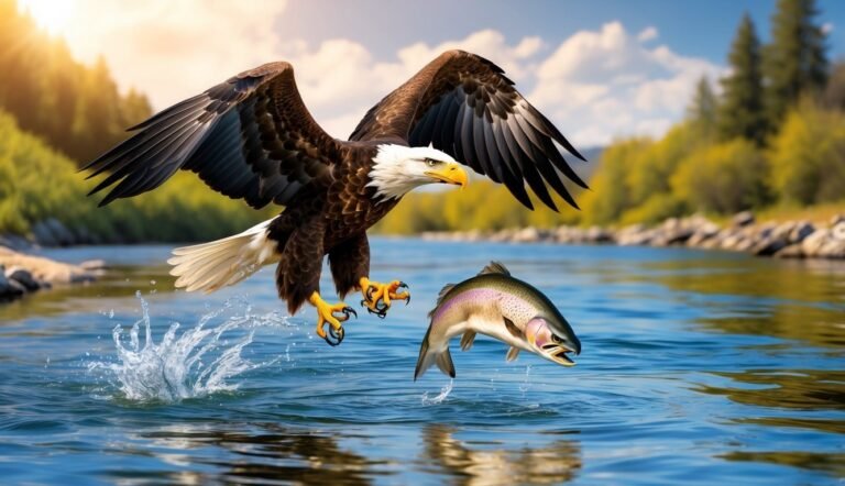 Bald eagle swooping down to catch a fish in a river