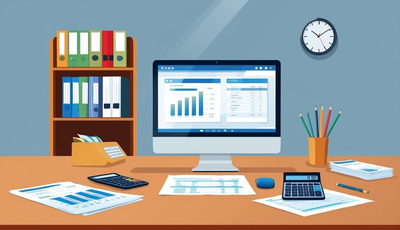 An office desk with a computer, calculator, and financial documents.</p><p>A shelf with accounting books and a clock on the wall