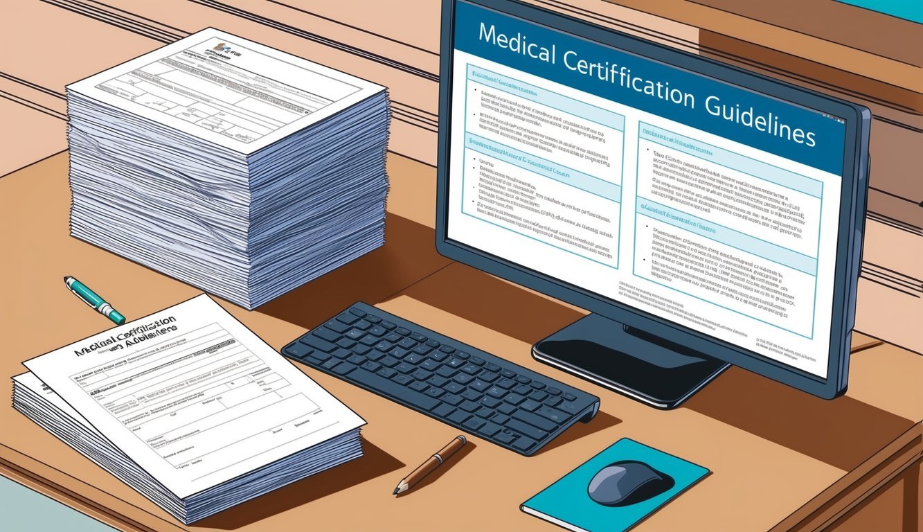 A desk with a stack of forms, a pen, and a computer displaying medical certification guidelines