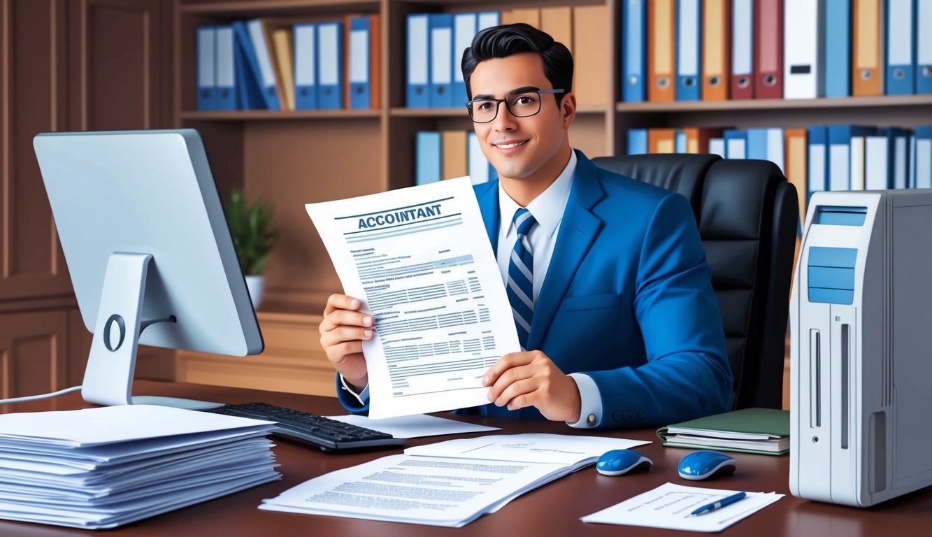 An accountant reviewing documents at a desk, surrounded by files and a computer, with a confident and focused expression