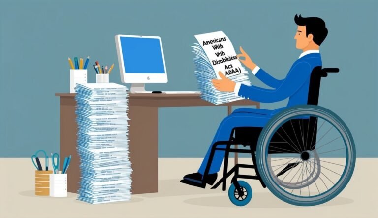 Man in wheelchair reading "Americans with Disabilities Act" at desk