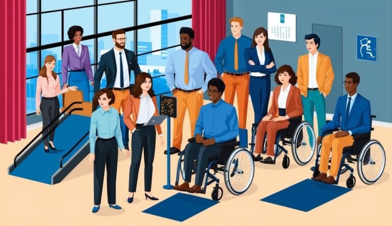 Group of diverse people, some in wheelchairs, in a modern office setting