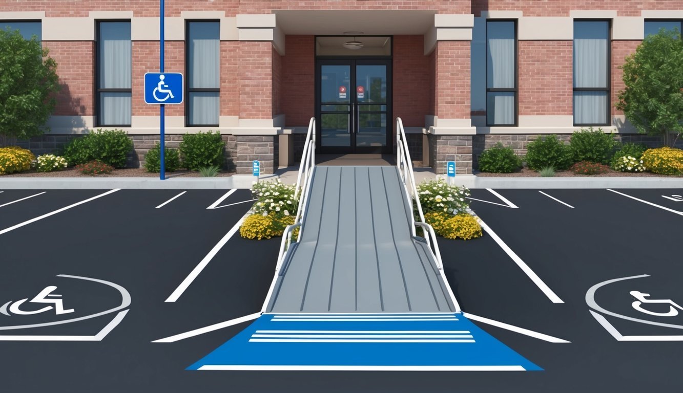 A wheelchair ramp leading to a building entrance with clear signage and designated accessible parking spaces