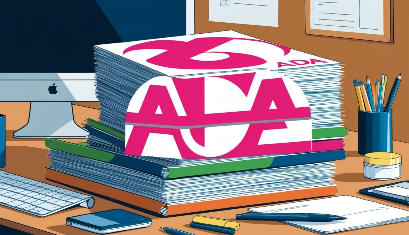 A stack of ADA paperwork with a large, bold "ADA" logo on the cover, surrounded by various office supplies and a computer