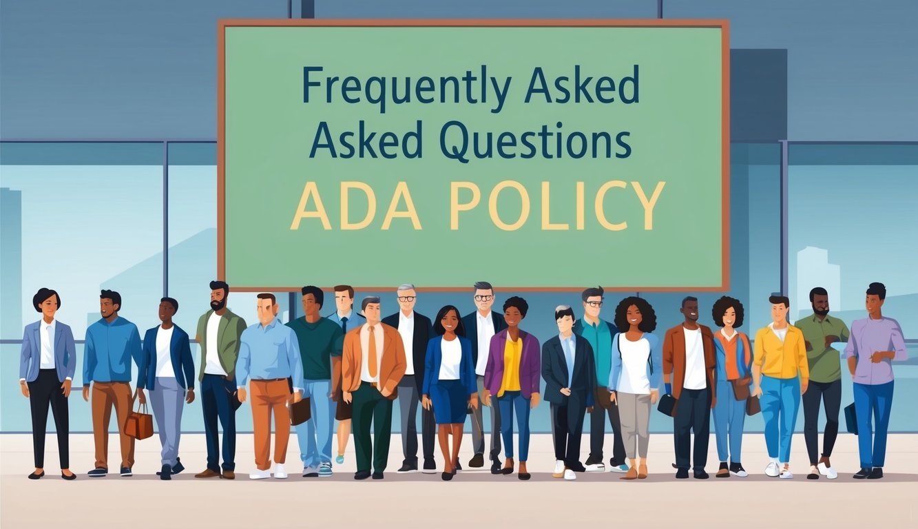 A line of diverse people standing in front of a large sign with the words "Frequently Asked Questions Ada policy" displayed prominently