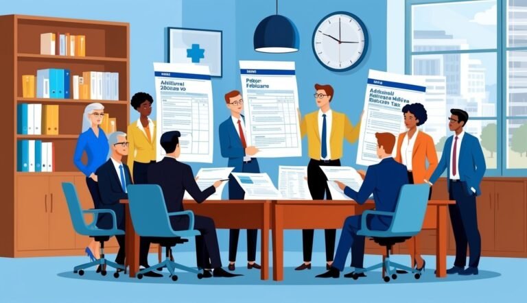 Business team reviewing documents around a table in an office setting