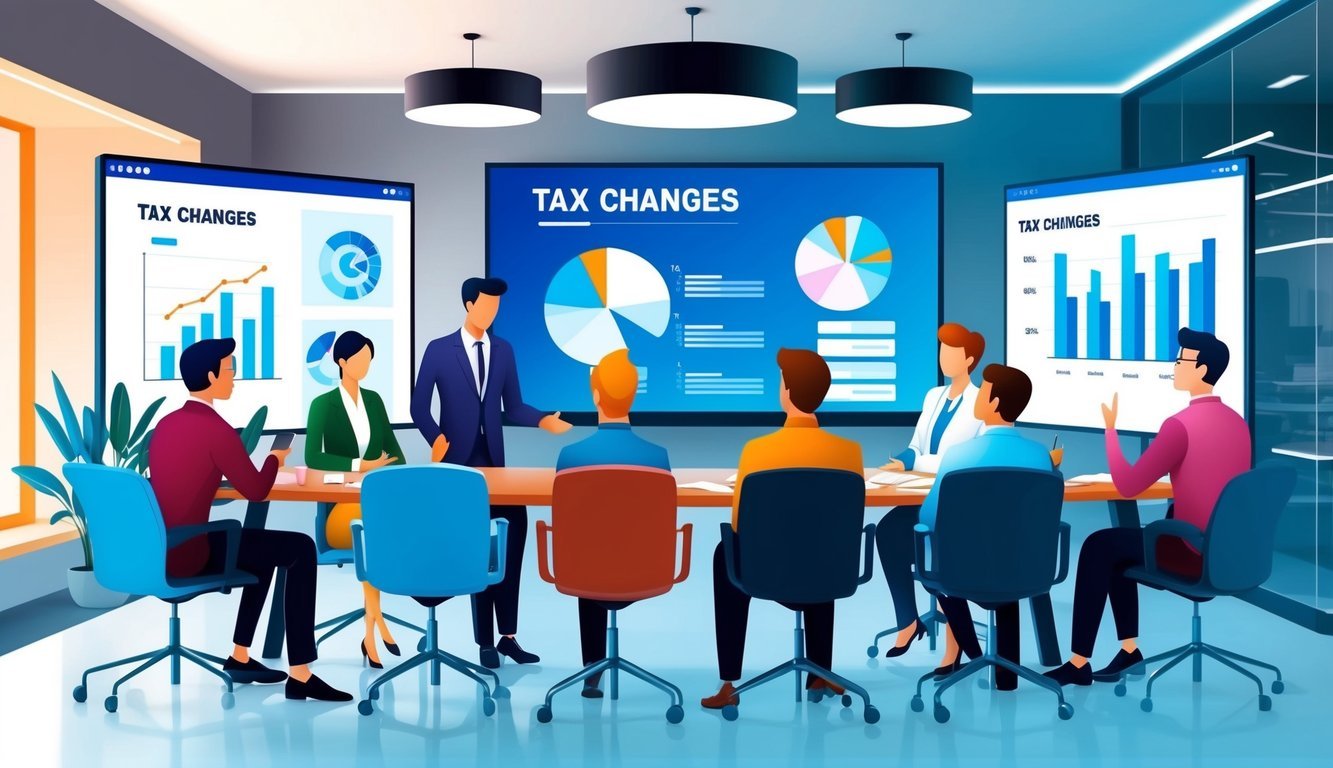 A group of people discussing tax changes in a modern office setting, with charts and graphs displayed on a large screen in the background