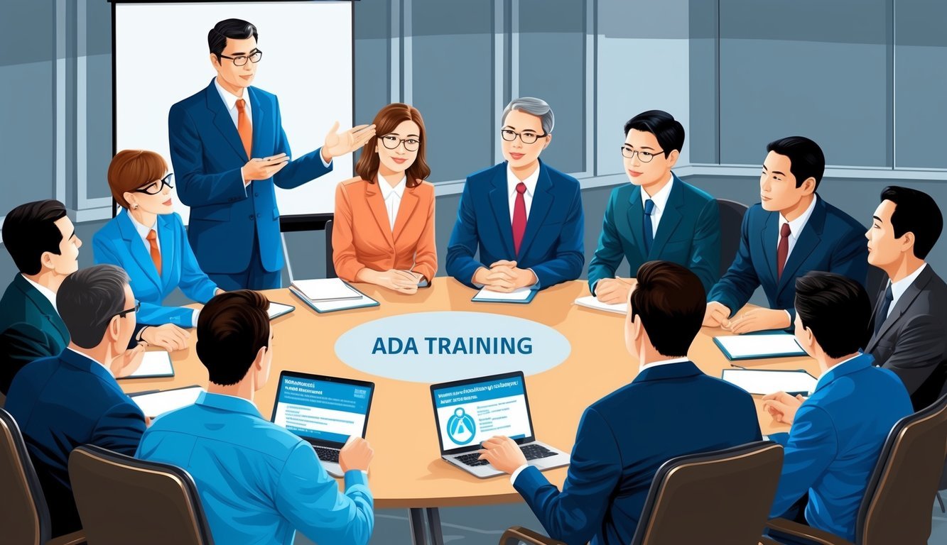 A group of managers gathered around a presentation on ADA training, with a speaker addressing their questions and concerns