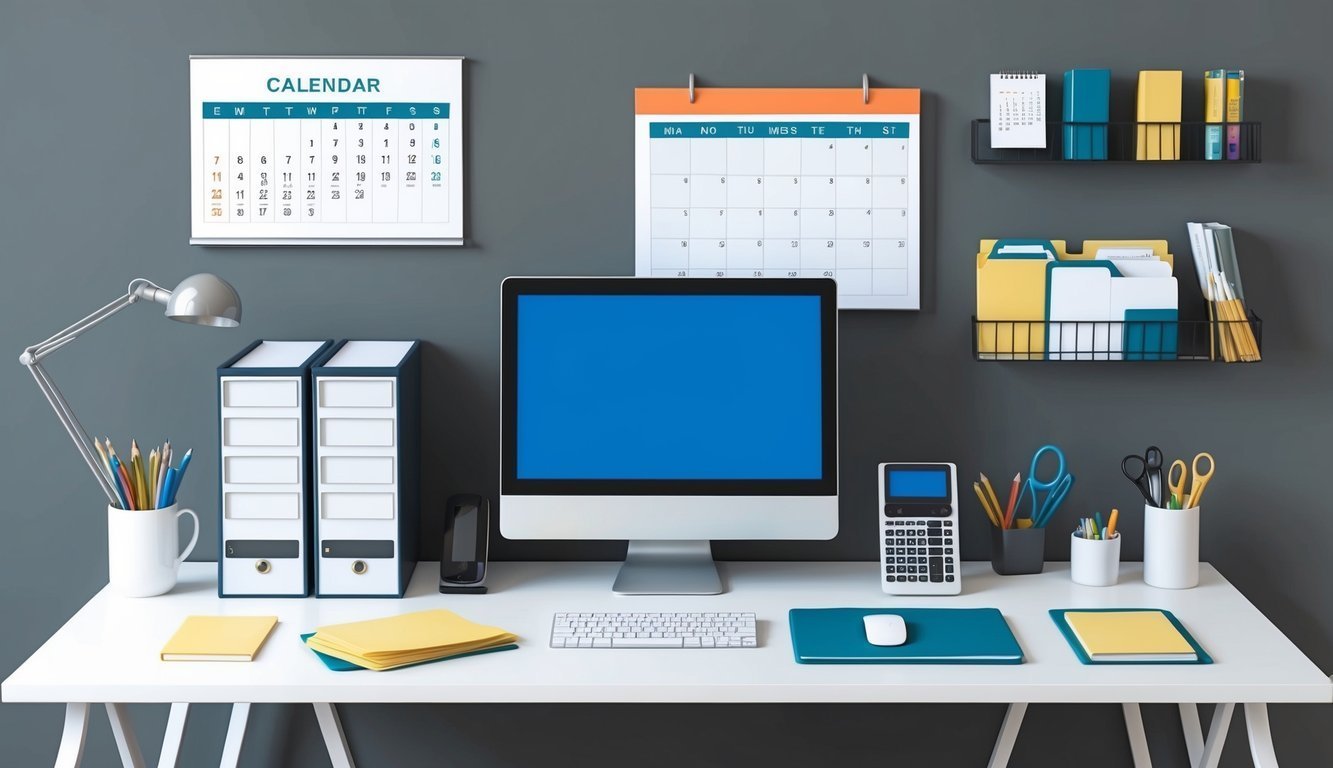 Workspace with computer, calendars, desk supplies, and wall organizers