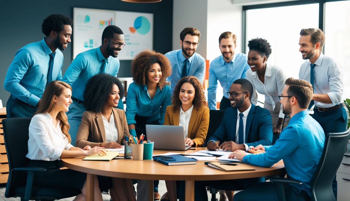 A diverse group of people working together in an office setting, collaborating and achieving success