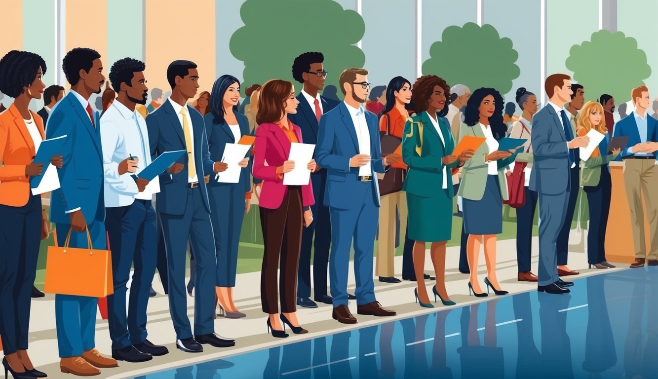 A diverse group of people standing in line, holding resumes and talking to a representative at a job fair