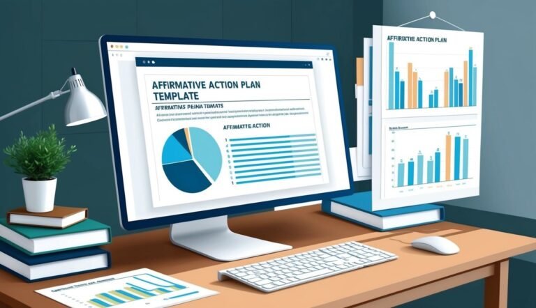 Computer screen displaying an affirmative action plan template with charts and graphs