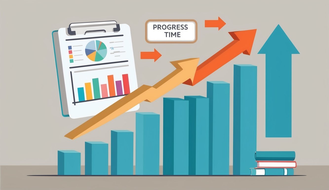 A chart showing progress over time with upward trend and arrows pointing towards improvement