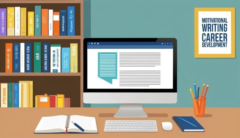 Desk with computer, books, and "Motivational Writing Career Development" sign