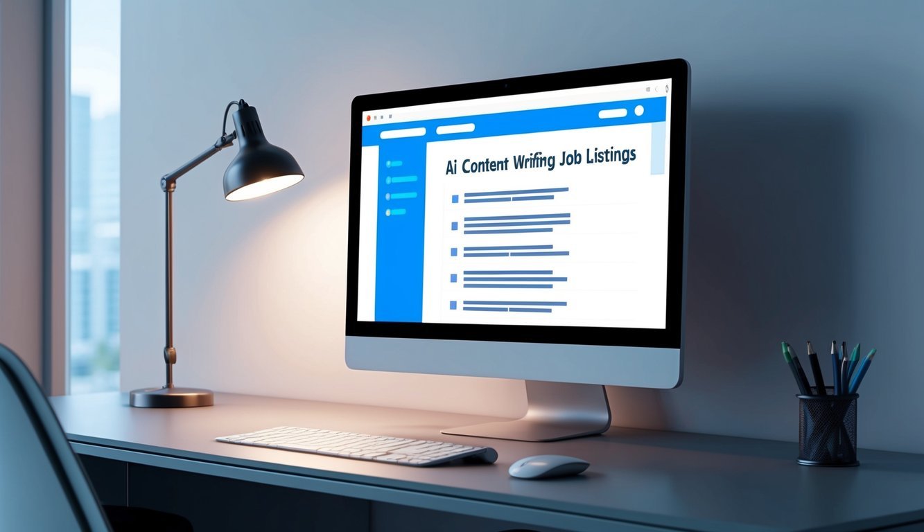 A sleek, modern office desk with a computer screen displaying AI content writing job listings.</p><p>A desk lamp illuminates the workspace