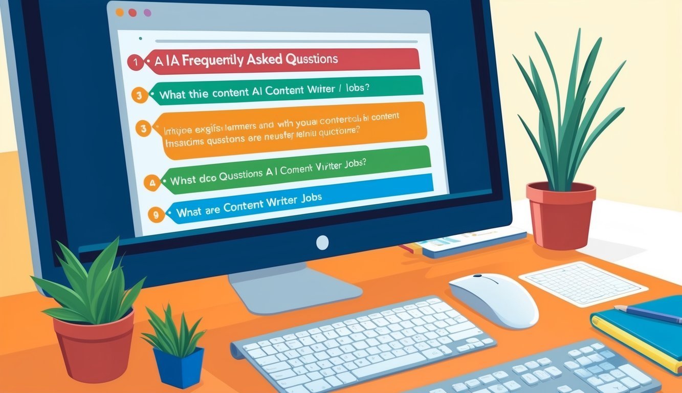 A computer screen displaying a list of frequently asked questions related to AI content writer jobs, with a keyboard and mouse nearby