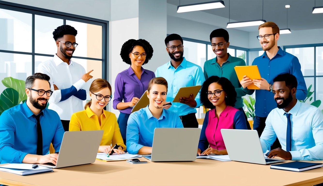 A diverse group of people working together in an office, each engaged in their respective tasks.</p><p>The atmosphere is professional and focused, with a sense of collaboration and teamwork