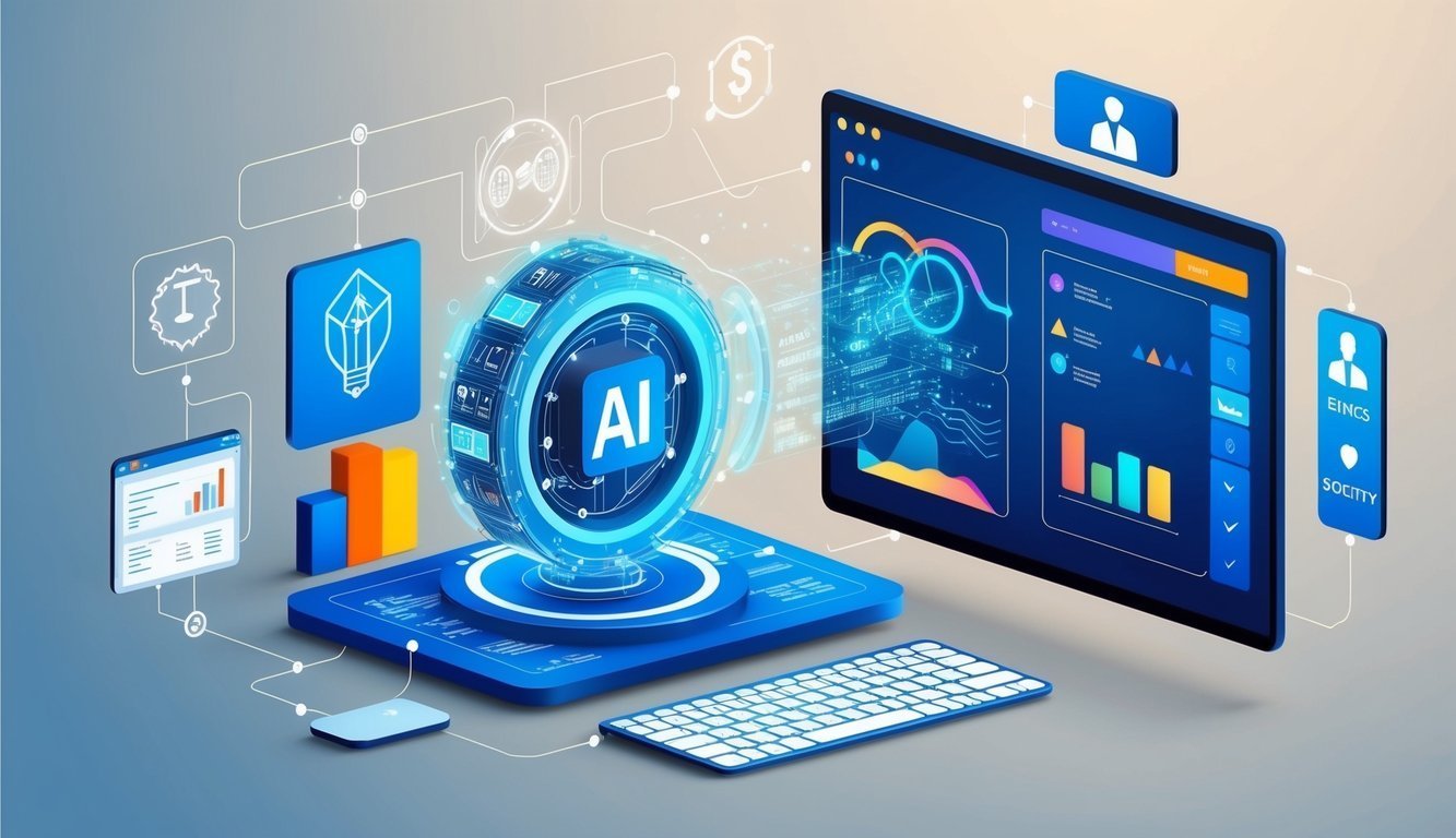 AI concept with data visualization, charts, and a keyboard