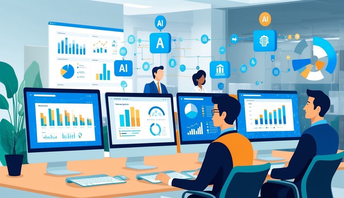 Business people analyze data on computer screens with AI integration