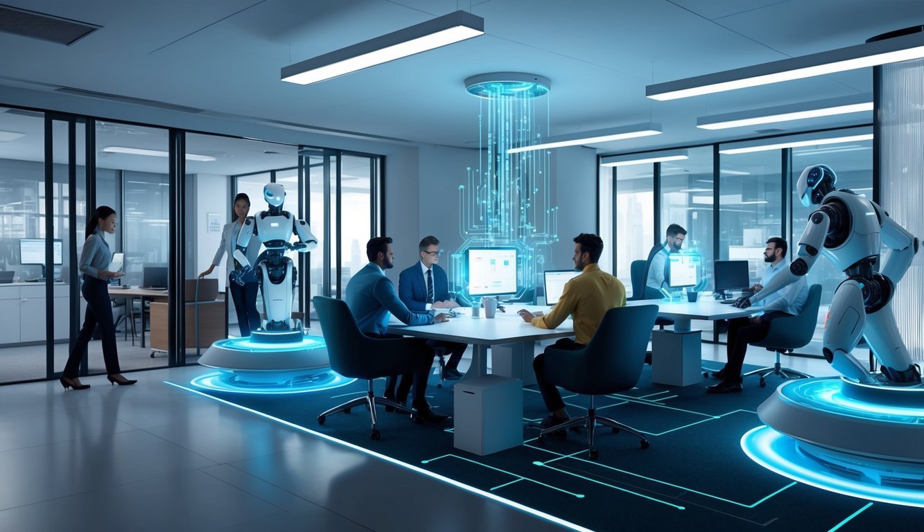 A futuristic office environment with AI technology seamlessly integrated into the workplace, with employees collaborating with intelligent machines