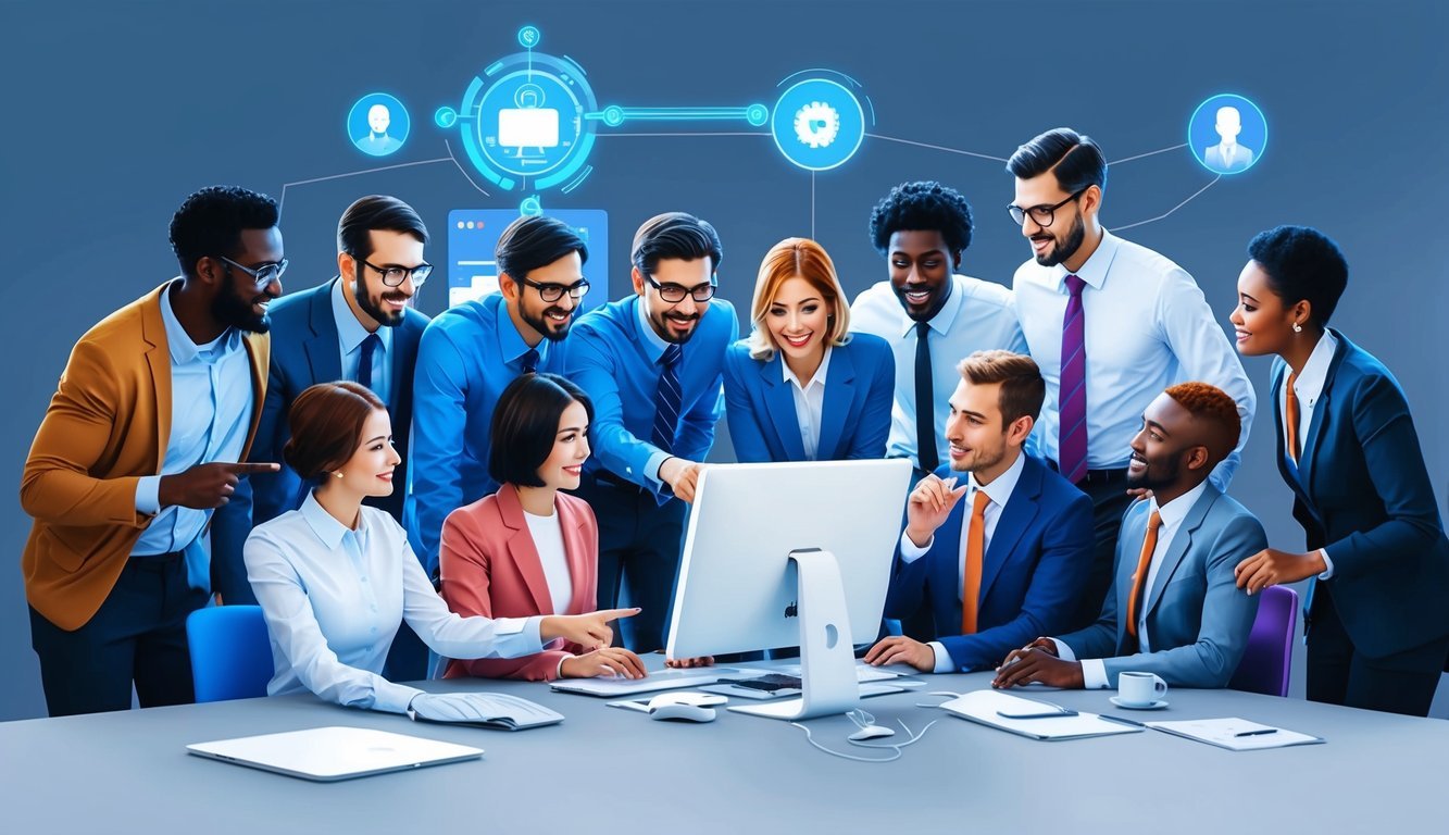 A group of diverse office workers gathered around a computer, pointing and discussing while a futuristic AI interface assists them