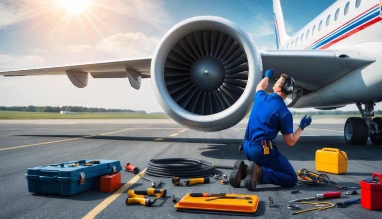 Aircraft mechanic working on an airplane engine with tools on the ground