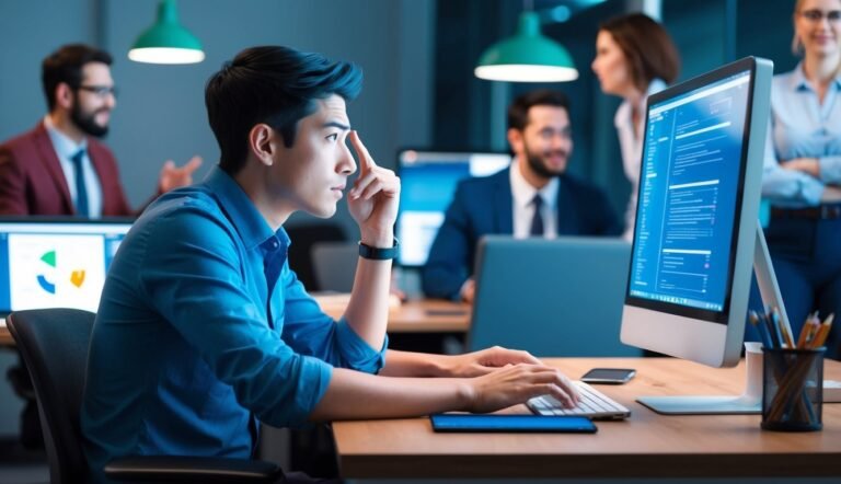 Man coding on computer in office, colleagues in background