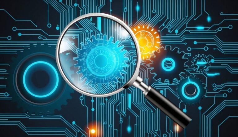 Magnifying glass over gears on a circuit board background