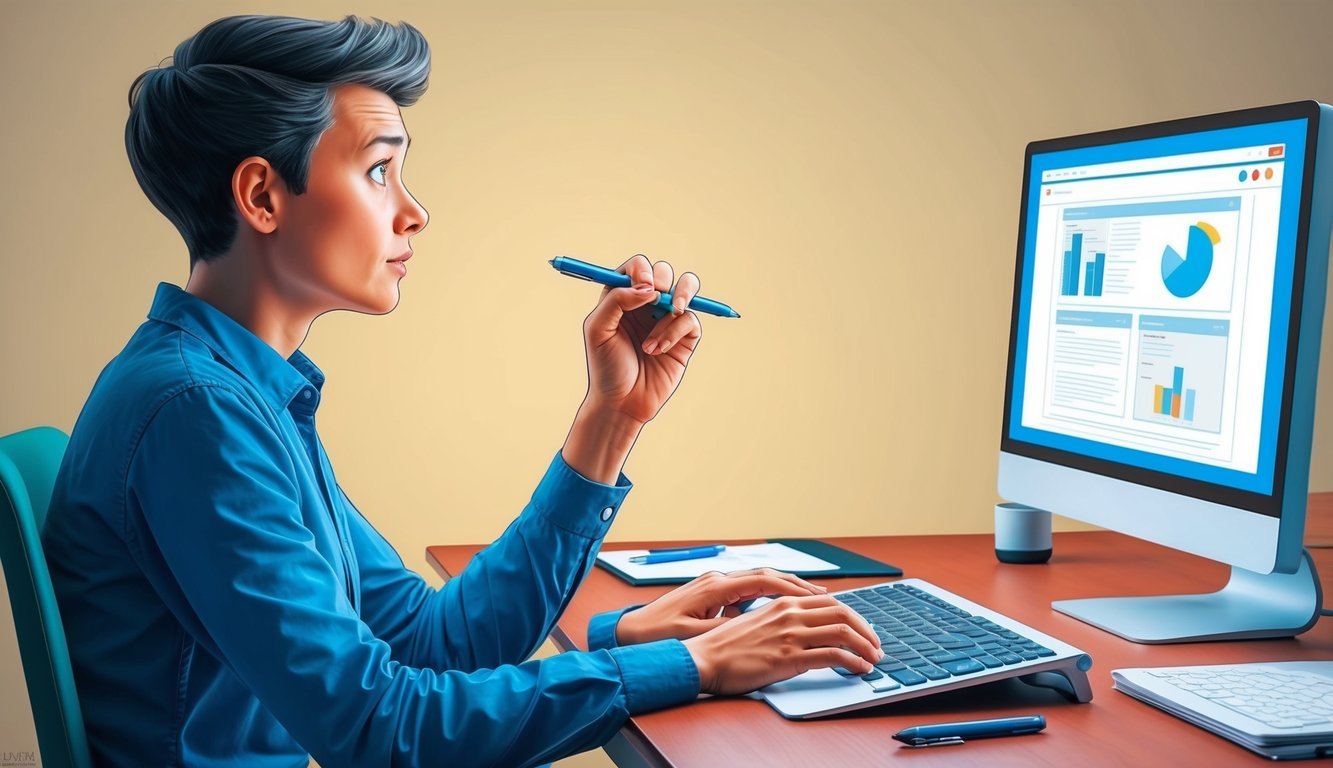 A person sitting at a desk, nervously tapping a pen, while staring at a computer screen with a worried expression