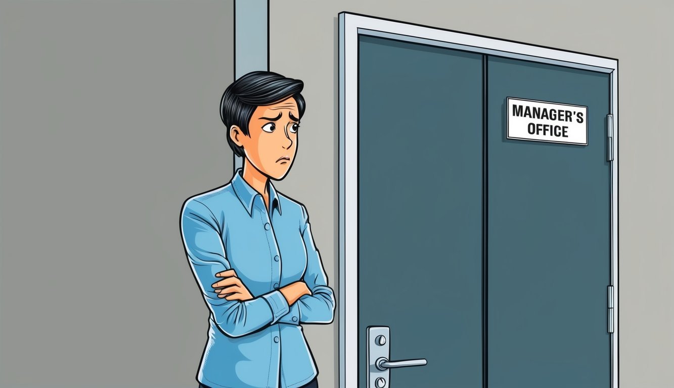 A person standing in front of a closed office door, looking uncertain and anxious.</p><p>The door has a sign that reads "Manager's Office."