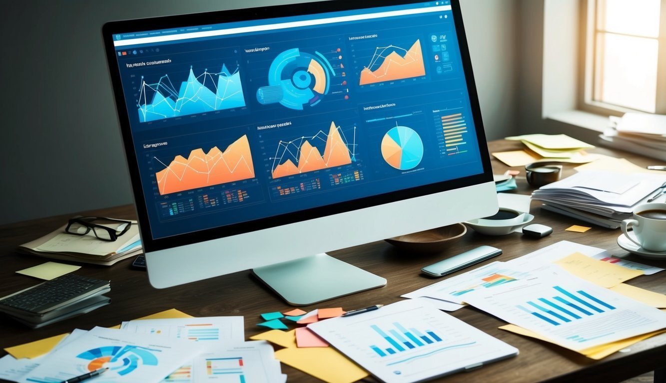 Computer monitor displaying data charts on a messy desk with papers and coffee