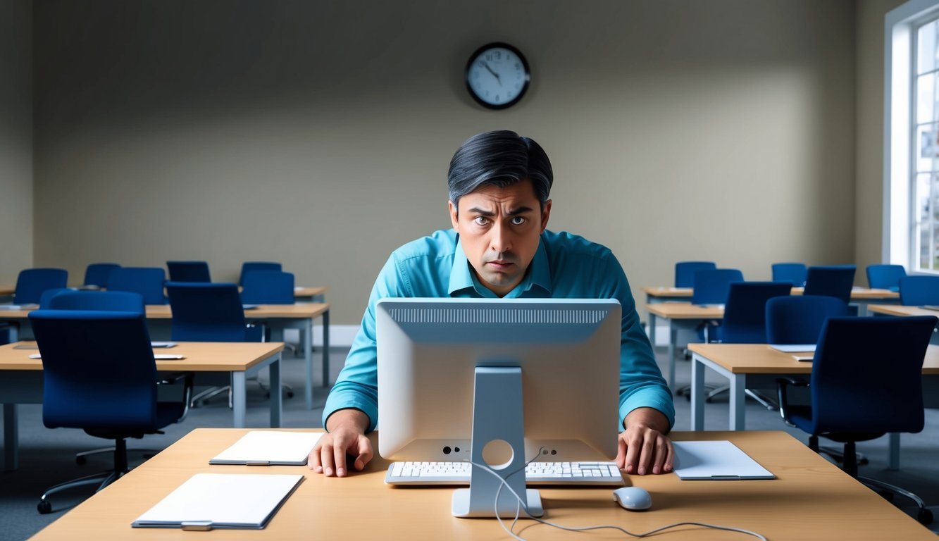 An employee staring at a computer screen with a worried expression, surrounded by empty desks and a clock ticking on the wall