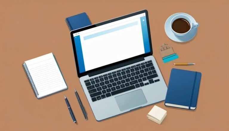 Laptop, notebooks, pens, coffee, and sticky notes on a brown desk