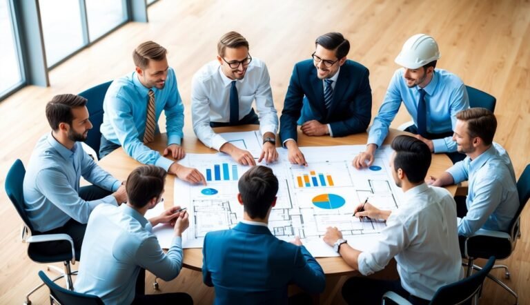Business team meeting around a table, reviewing charts and blueprints
