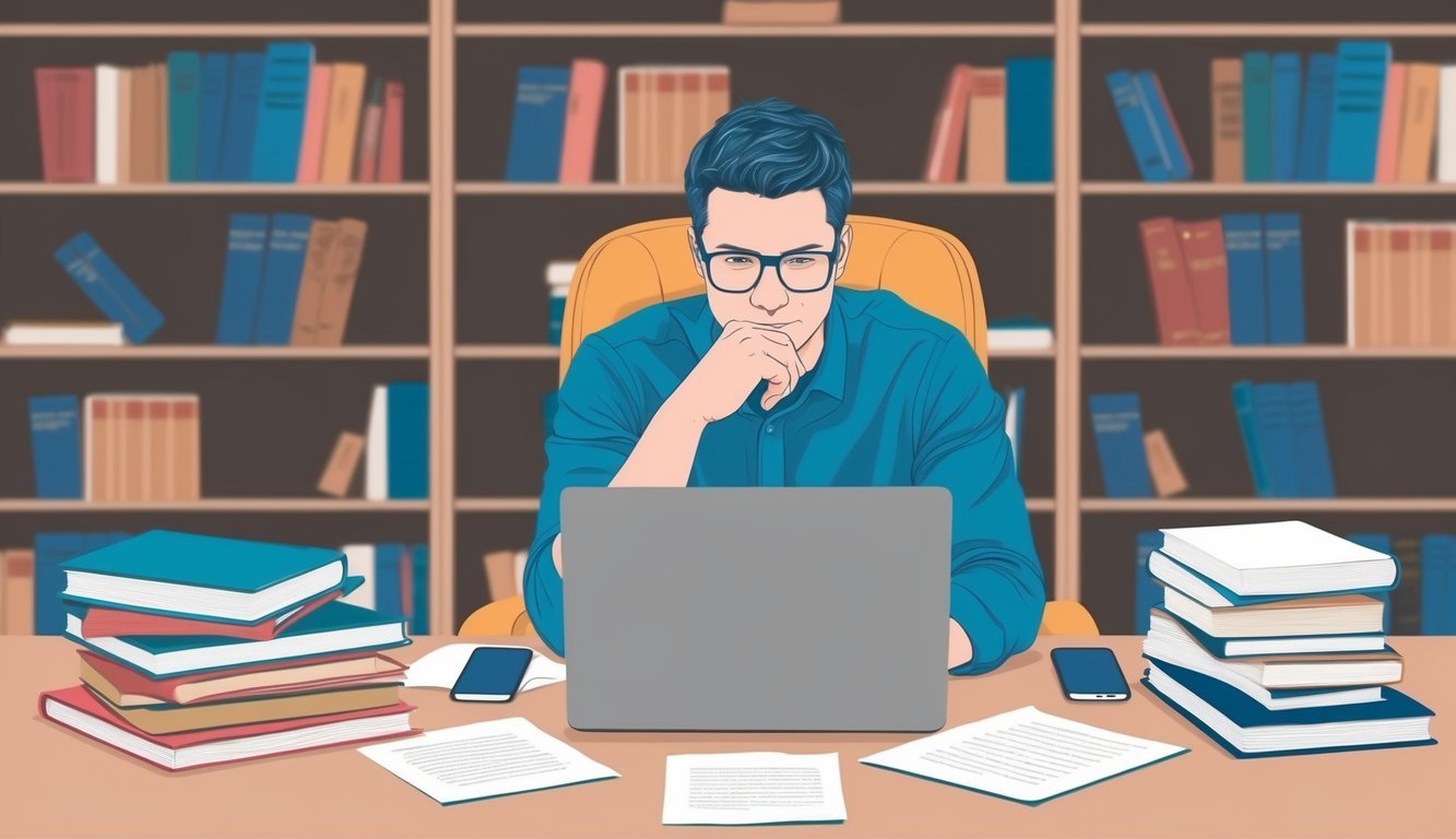 A person sitting at a desk with a laptop, surrounded by books and papers, deep in thought