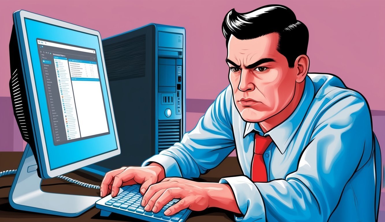Cartoon man with red tie looks at computer screen, typing