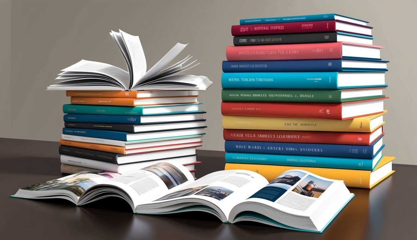 A stack of colorful books and magazines arranged on a table, with open pages showing various topics and perspectives