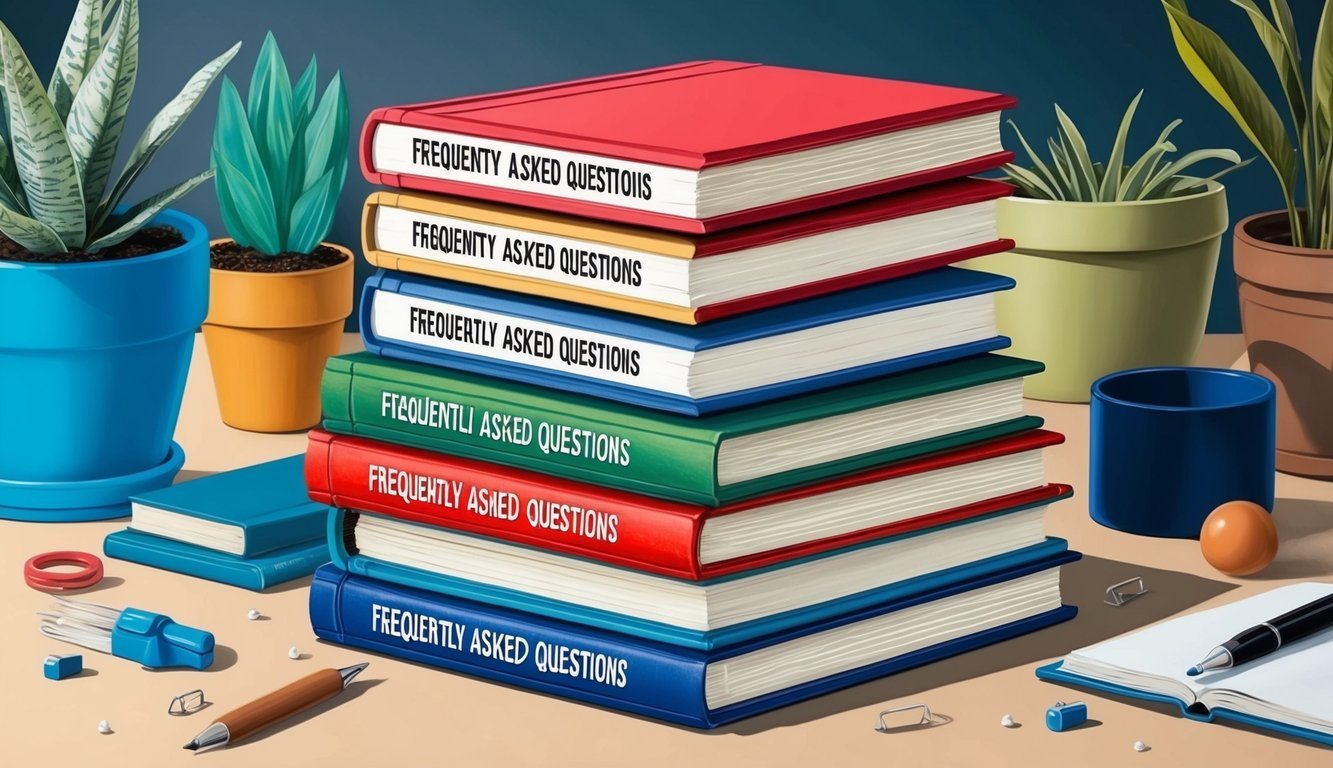 A stack of colorful books with "Frequently Asked Questions" titles, surrounded by various objects and plants, with a bored expression