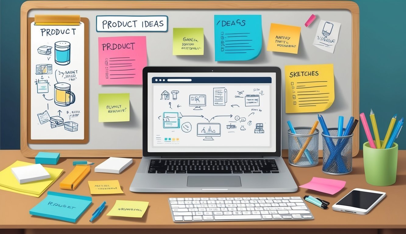 Laptop with product ideas, sketches, and sticky notes on a desk