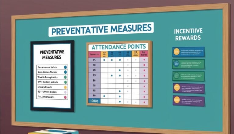 Whiteboard with "Preventative Measures", "Attendance Points", and "Incentive Rewards" sections