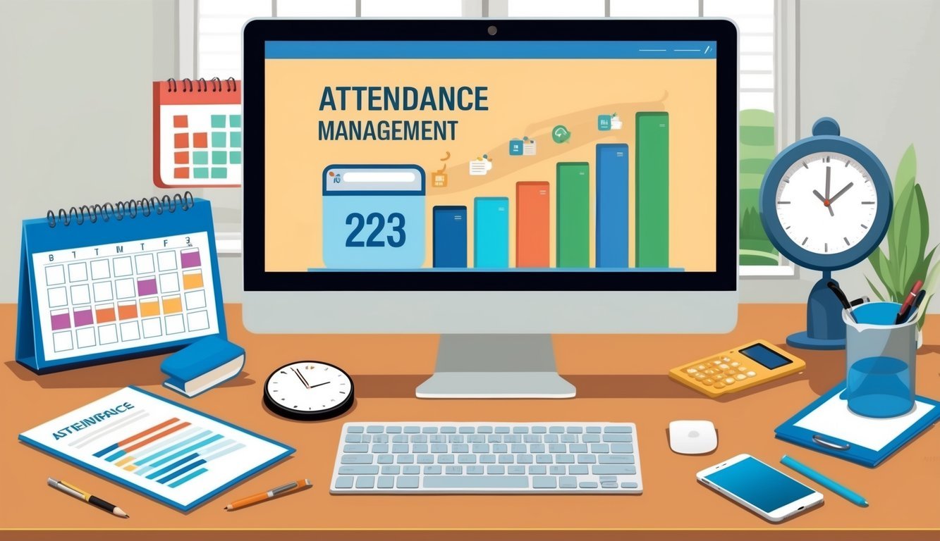 A desk with a computer displaying an attendance management software, surrounded by various tools such as a calendar, clock, and smartphone