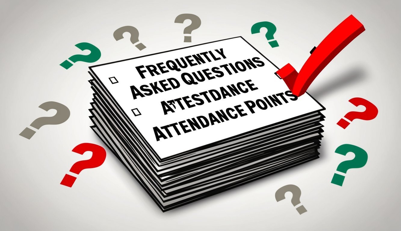 A stack of paper with "Frequently Asked Questions Attendance Points" printed on top, surrounded by question marks and a checkmark