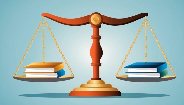 Scales of justice with books on each side, representing balance